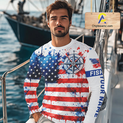 American Flag Compass Fishing Shirt Personalized Patriotic Outdoor Gear Performance Apparel NHT1787