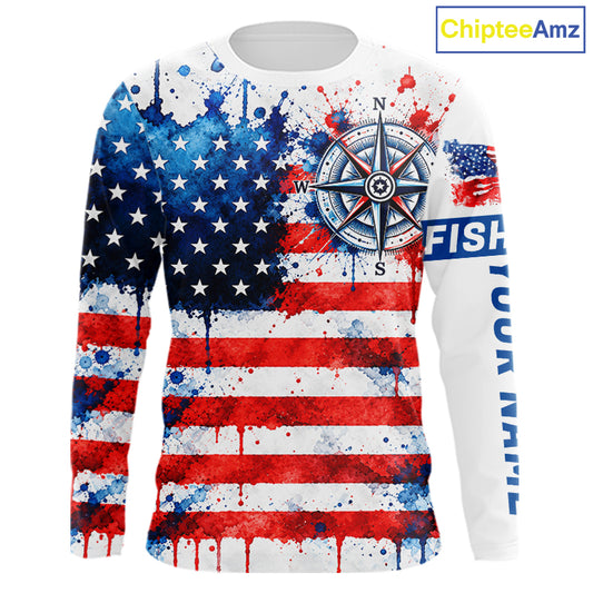 American Flag Compass Fishing Shirt Personalized Patriotic Outdoor Gear Performance Apparel NHT1787