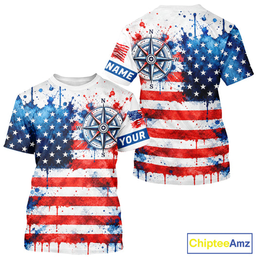 American Flag Compass Short Sleeve Fishing Shirt Shirt Personalized Patriotic Outdoor Gear Performance Apparel NHT1787