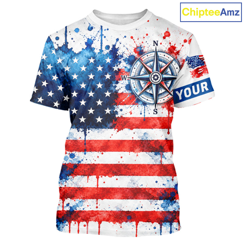 American Flag Compass Short Sleeve Fishing Shirt Shirt Personalized Patriotic Outdoor Gear Performance Apparel NHT1787