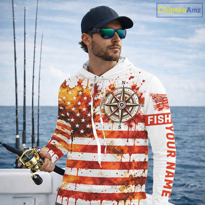 Autumn USA Flag Compass Hooded Fishing Shirt Shirt Personalized Fall Patriotic Outdoor Gear Performance Apparel NHT1788