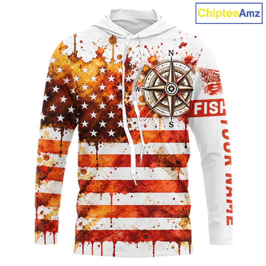Autumn USA Flag Compass Hooded Fishing Shirt Shirt Personalized Fall Patriotic Outdoor Gear Performance Apparel NHT1788
