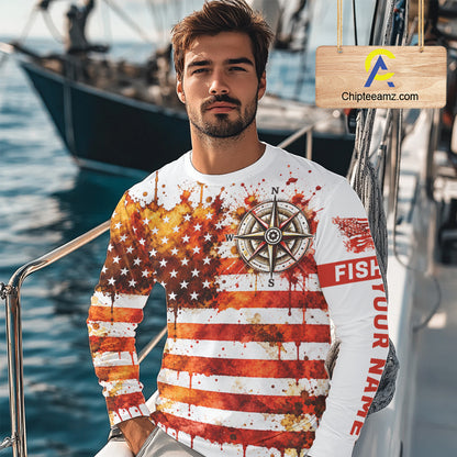 Autumn USA Flag Compass Fishing Shirt Personalized Fall Patriotic Outdoor Gear Performance Apparel NHT1788