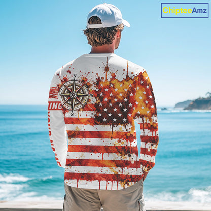 Autumn USA Flag Compass Fishing Shirt Personalized Fall Patriotic Outdoor Gear Performance Apparel NHT1788