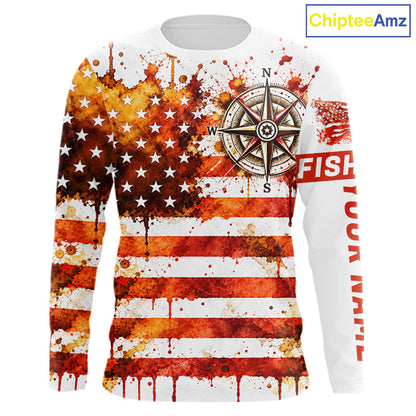 Autumn USA Flag Compass Fishing Shirt Personalized Fall Patriotic Outdoor Gear Performance Apparel NHT1788