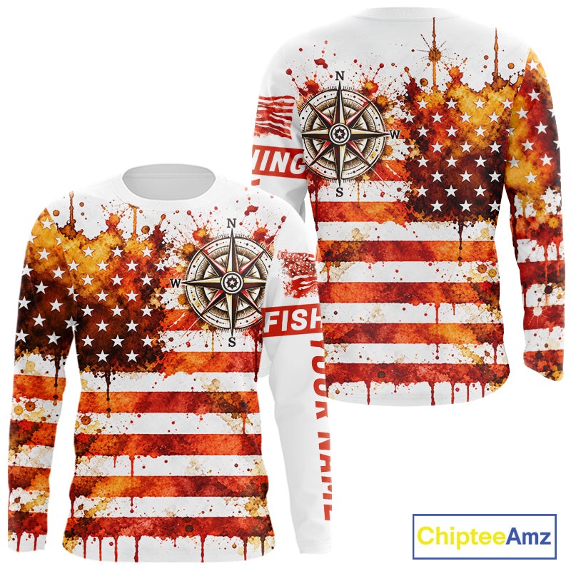 Autumn USA Flag Compass Fishing Shirt Personalized Fall Patriotic Outdoor Gear Performance Apparel NHT1788
