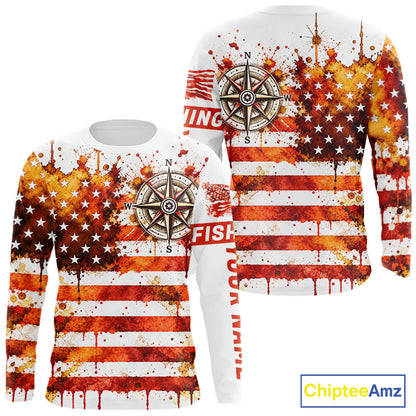 Autumn USA Flag Compass Fishing Shirt Personalized Fall Patriotic Outdoor Gear Performance Apparel NHT1788