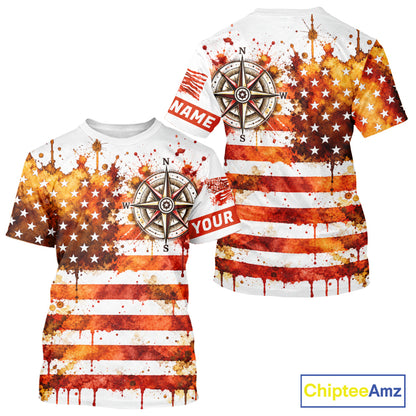 Autumn USA Flag Compass Short Sleeve Fishing Shirt Shirt Personalized Fall Patriotic Outdoor Gear Performance Apparel NHT1788