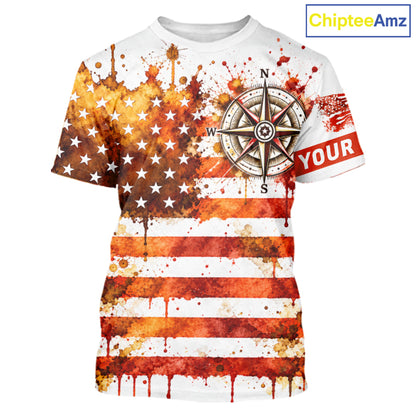 Autumn USA Flag Compass Short Sleeve Fishing Shirt Shirt Personalized Fall Patriotic Outdoor Gear Performance Apparel NHT1788