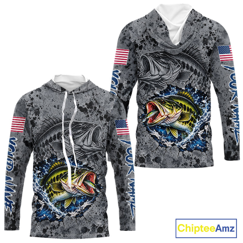 Largemouth Bass Hooded Fishing Shirt Shirt For Men Custom Grey Splash US Flag Outdoor Sports Apparel NHT1791