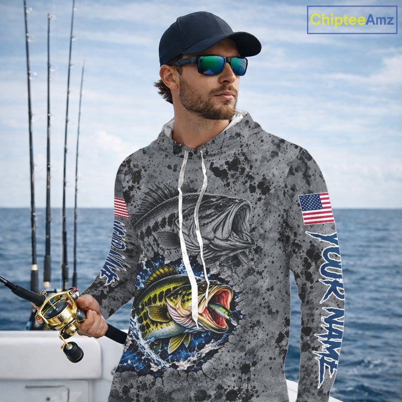 Largemouth Bass Hooded Fishing Shirt Shirt For Men Custom Grey Splash US Flag Outdoor Sports Apparel NHT1791