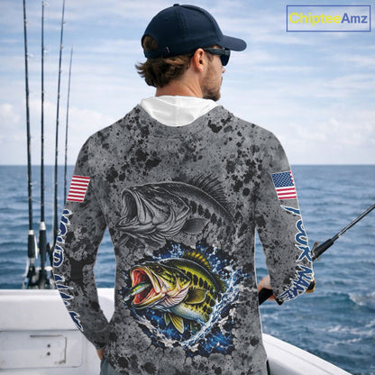 Largemouth Bass Hooded Fishing Shirt Shirt For Men Custom Grey Splash US Flag Outdoor Sports Apparel NHT1791