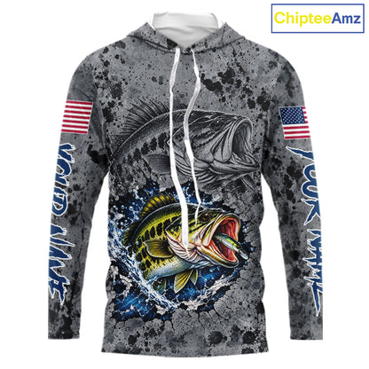 Largemouth Bass Hooded Fishing Shirt Shirt For Men Custom Grey Splash US Flag Outdoor Sports Apparel NHT1791