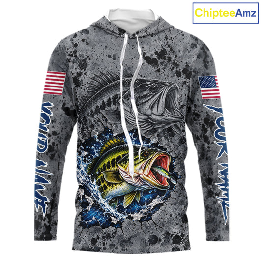 Largemouth Bass Hooded Fishing Shirt Shirt For Men Custom Grey Splash US Flag Outdoor Sports Apparel NHT1791