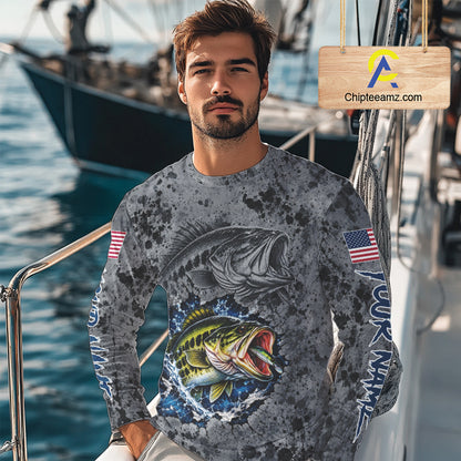 Largemouth Bass Fishing Shirt For Men Custom Grey Splash US Flag Outdoor Sports Apparel NHT1791
