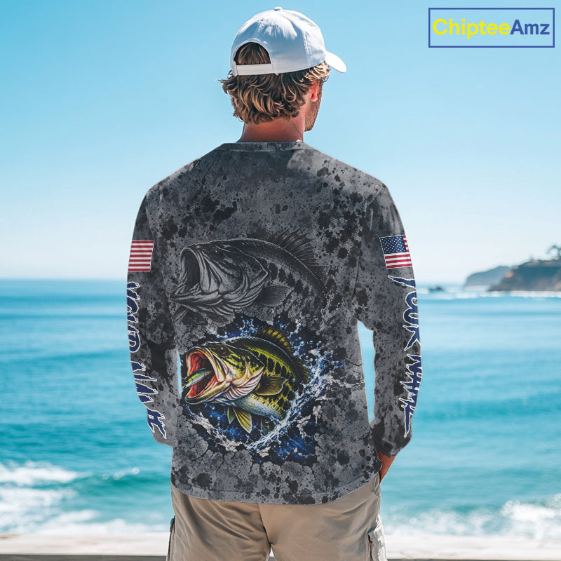 Largemouth Bass Fishing Shirt For Men Custom Grey Splash US Flag Outdoor Sports Apparel NHT1791
