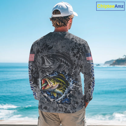 Largemouth Bass Fishing Shirt For Men Custom Grey Splash US Flag Outdoor Sports Apparel NHT1791