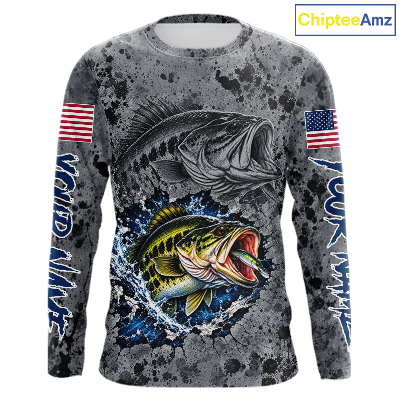 Largemouth Bass Fishing Shirt For Men Custom Grey Splash US Flag Outdoor Sports Apparel NHT1791