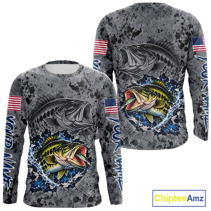 Largemouth Bass Fishing Shirt For Men Custom Grey Splash US Flag Outdoor Sports Apparel NHT1791