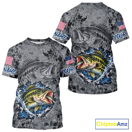 Largemouth Bass Short Sleeve Fishing Shirt Shirt For Men Custom Grey Splash US Flag Outdoor Sports Apparel NHT1791
