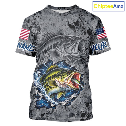 Largemouth Bass Short Sleeve Fishing Shirt Shirt For Men Custom Grey Splash US Flag Outdoor Sports Apparel NHT1791
