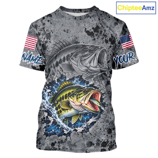 Largemouth Bass Short Sleeve Fishing Shirt Shirt For Men Custom Grey Splash US Flag Outdoor Sports Apparel NHT1791
