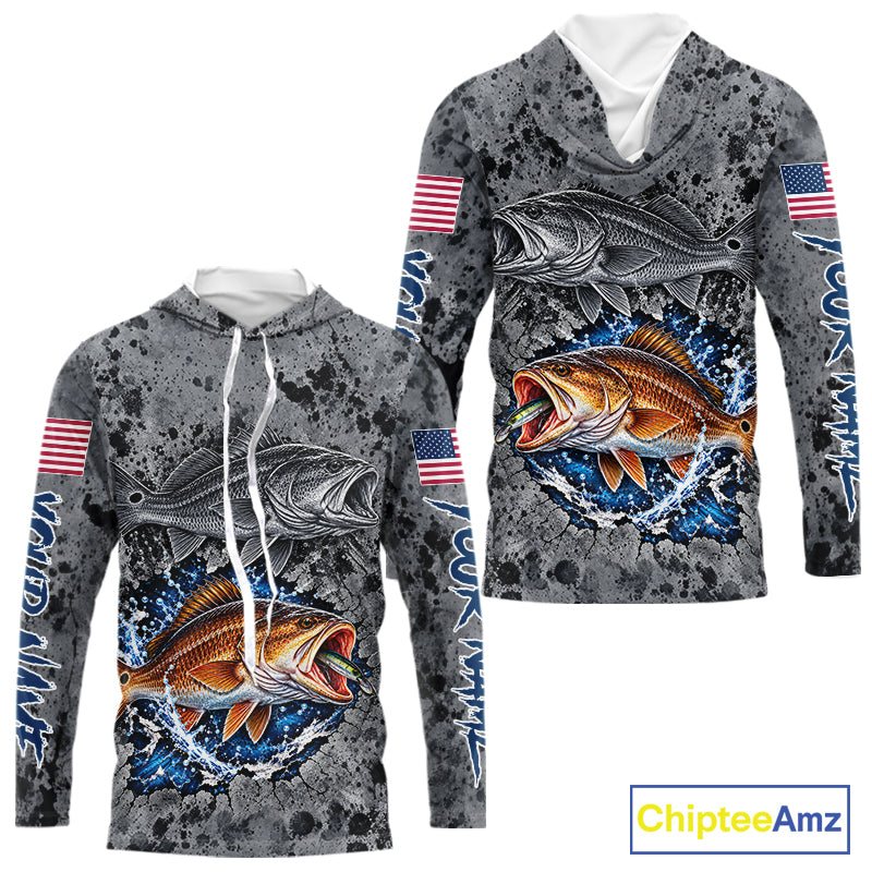 Redfish ( Red Drum) Hooded Fishing Shirt Shirt For Men Custom Grey Splash US Flag Outdoor Sports Apparel NHT1792