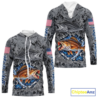 Redfish ( Red Drum) Hooded Fishing Shirt Shirt For Men Custom Grey Splash US Flag Outdoor Sports Apparel NHT1792