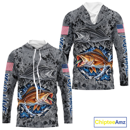 Redfish ( Red Drum) Hooded Fishing Shirt Shirt For Men Custom Grey Splash US Flag Outdoor Sports Apparel NHT1792