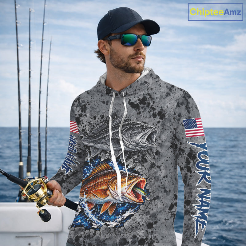 Redfish ( Red Drum) Hooded Fishing Shirt Shirt For Men Custom Grey Splash US Flag Outdoor Sports Apparel NHT1792