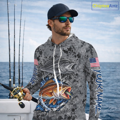 Redfish ( Red Drum) Hooded Fishing Shirt Shirt For Men Custom Grey Splash US Flag Outdoor Sports Apparel NHT1792