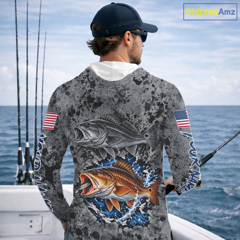 Redfish ( Red Drum) Hooded Fishing Shirt Shirt For Men Custom Grey Splash US Flag Outdoor Sports Apparel NHT1792