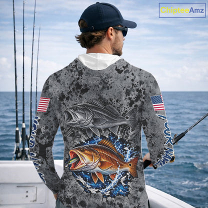 Redfish ( Red Drum) Hooded Fishing Shirt Shirt For Men Custom Grey Splash US Flag Outdoor Sports Apparel NHT1792