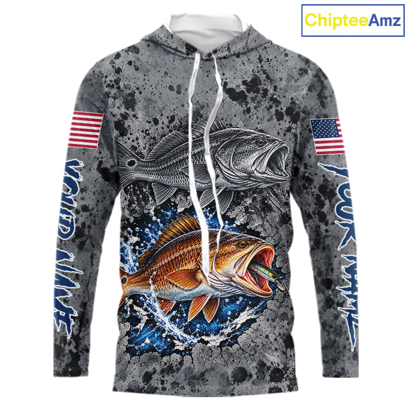 Redfish ( Red Drum) Hooded Fishing Shirt Shirt For Men Custom Grey Splash US Flag Outdoor Sports Apparel NHT1792