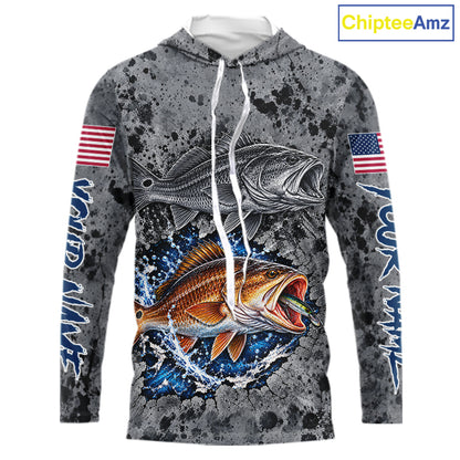 Redfish ( Red Drum) Hooded Fishing Shirt Shirt For Men Custom Grey Splash US Flag Outdoor Sports Apparel NHT1792