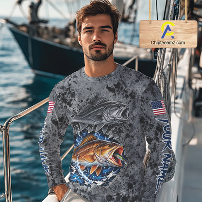 Redfish ( Red Drum) Fishing Shirt For Men Custom Grey Splash US Flag Outdoor Sports Apparel NHT1792