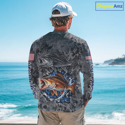 Redfish ( Red Drum) Fishing Shirt For Men Custom Grey Splash US Flag Outdoor Sports Apparel NHT1792