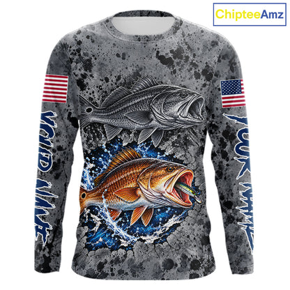Redfish ( Red Drum) Fishing Shirt For Men Custom Grey Splash US Flag Outdoor Sports Apparel NHT1792
