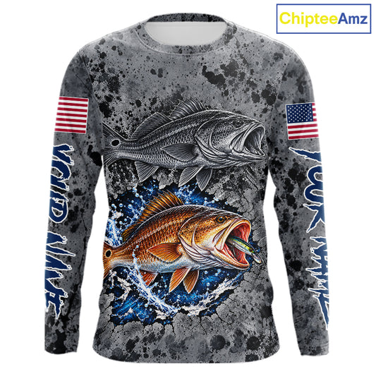 Redfish ( Red Drum) Fishing Shirt For Men Custom Grey Splash US Flag Outdoor Sports Apparel NHT1792