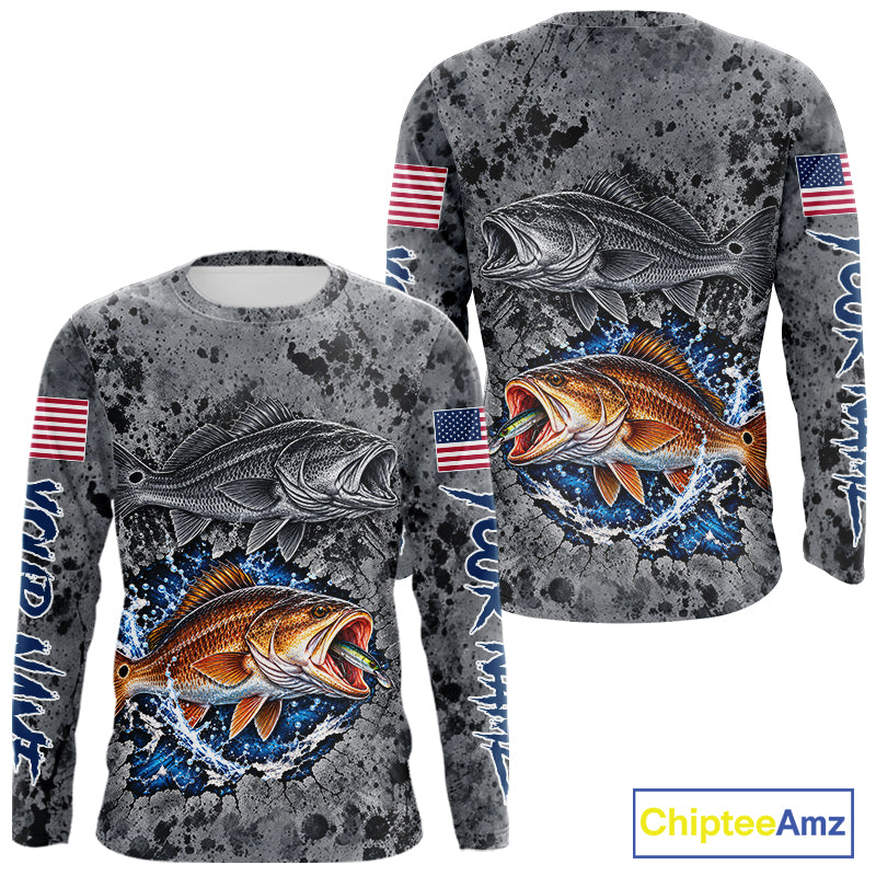 Redfish ( Red Drum) Fishing Shirt For Men Custom Grey Splash US Flag Outdoor Sports Apparel NHT1792