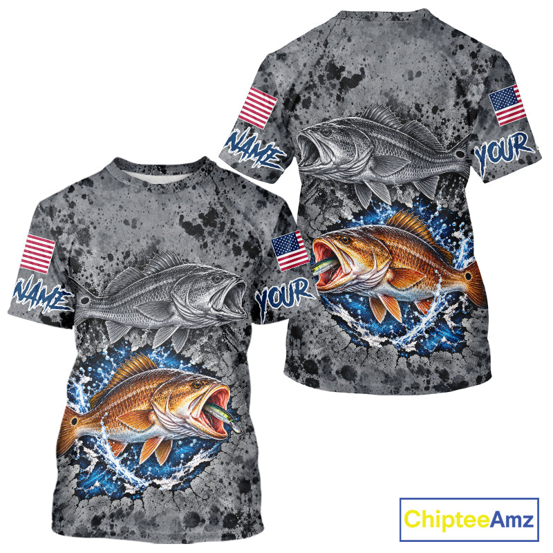 Redfish ( Red Drum) Short Sleeve Fishing Shirt Shirt For Men Custom Grey Splash US Flag Outdoor Sports Apparel NHT1792