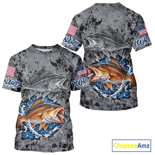Redfish ( Red Drum) Short Sleeve Fishing Shirt Shirt For Men Custom Grey Splash US Flag Outdoor Sports Apparel NHT1792