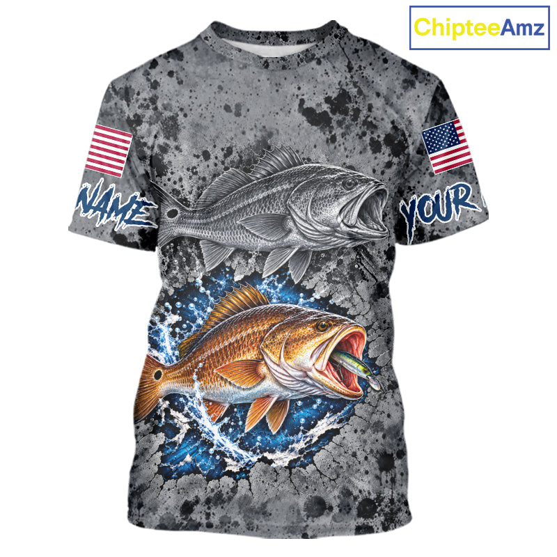 Redfish ( Red Drum) Short Sleeve Fishing Shirt Shirt For Men Custom Grey Splash US Flag Outdoor Sports Apparel NHT1792