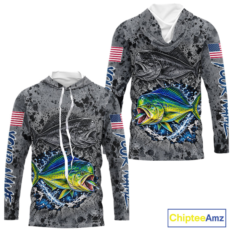 Mahi Mahi Hooded Fishing Shirt Shirt For Men Custom Grey Splash US Flag Outdoor Sports Apparel NHT1793