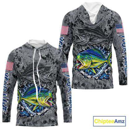 Mahi Mahi Hooded Fishing Shirt Shirt For Men Custom Grey Splash US Flag Outdoor Sports Apparel NHT1793