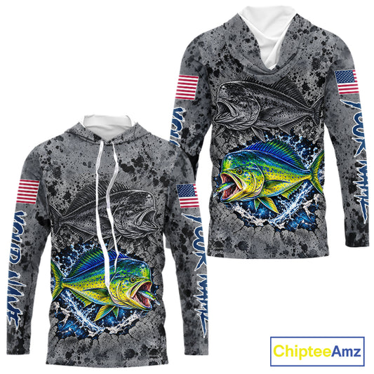 Mahi Mahi Hooded Fishing Shirt Shirt For Men Custom Grey Splash US Flag Outdoor Sports Apparel NHT1793