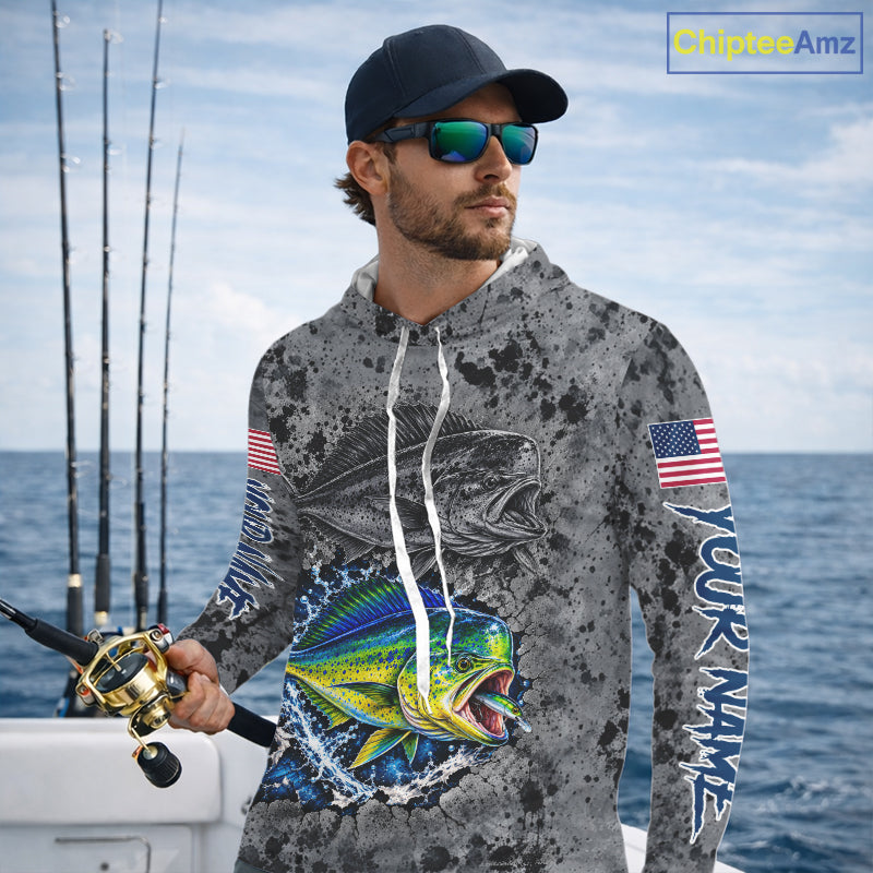 Mahi Mahi Hooded Fishing Shirt Shirt For Men Custom Grey Splash US Flag Outdoor Sports Apparel NHT1793