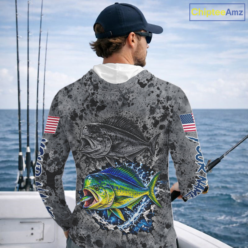 Mahi Mahi Hooded Fishing Shirt Shirt For Men Custom Grey Splash US Flag Outdoor Sports Apparel NHT1793