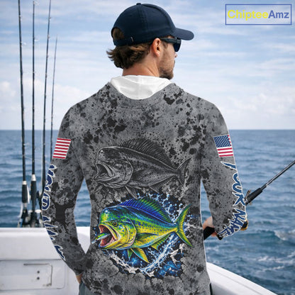Mahi Mahi Hooded Fishing Shirt Shirt For Men Custom Grey Splash US Flag Outdoor Sports Apparel NHT1793
