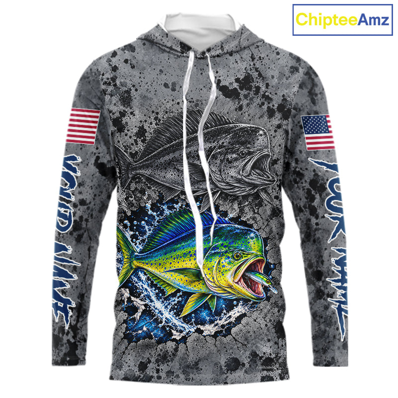 Mahi Mahi Hooded Fishing Shirt Shirt For Men Custom Grey Splash US Flag Outdoor Sports Apparel NHT1793